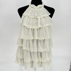 ECI New York Tiered Ruffle Ivory High Neck Sleeveless Top Chiffon Lined Sz Large